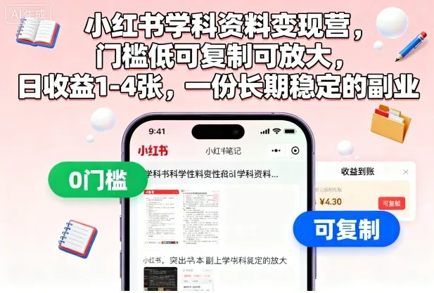 小红书学科资料变现营，门槛低可复制可放大，日收益1-4张，一份长期稳定的副业-来缘阁