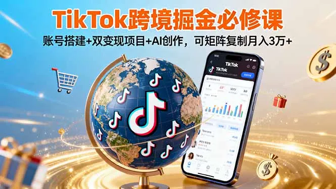 TikTo跨境掘金必修课，账号搭建+双变现项目+AI创作，可矩阵复制月入3万+-来缘阁