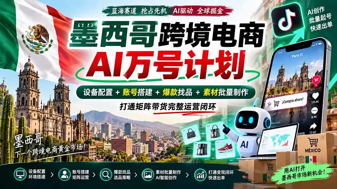 墨西哥AI跨境电商万号计划｜设备配置+账号搭建+爆款找品+素材批量制作，打通矩阵带货完整运营闭环-来缘阁