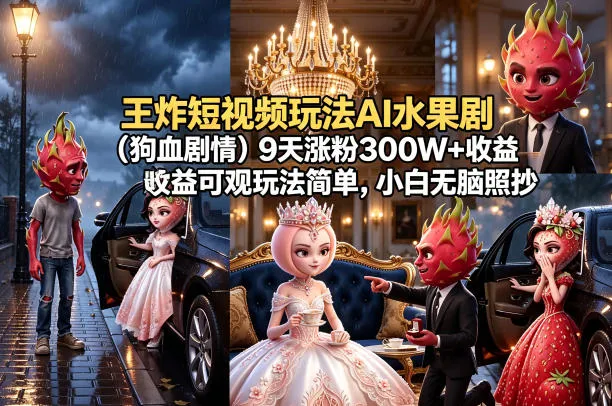 王炸短视频玩法AI水果剧(狗血剧情)9天涨粉300W+收益可观玩法简单，小白无脑照抄，详细拆解玩法-来缘阁