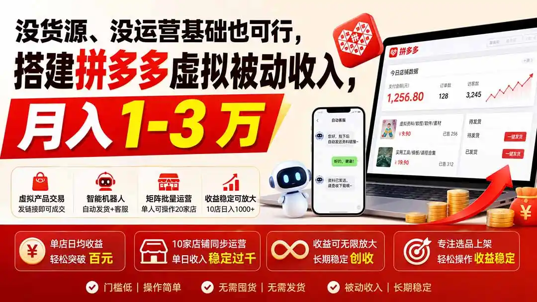 没货源、没运营基础也可行,搭建多多虚拟被动收入,月入 1-3 万-来缘阁