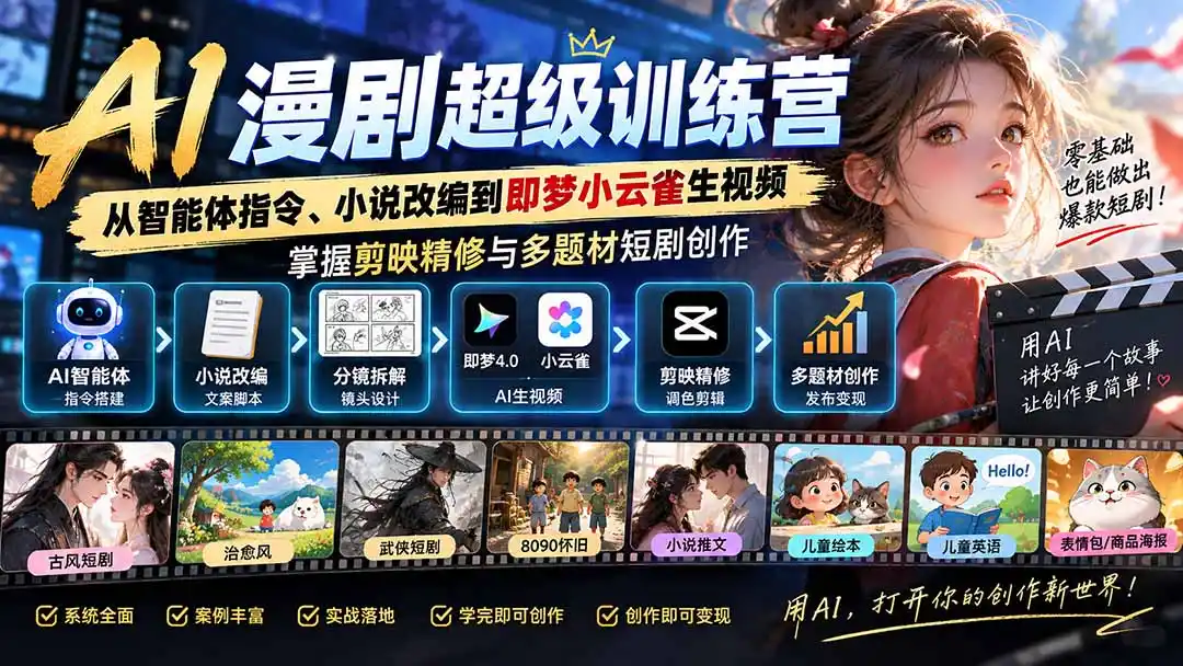 AI漫剧超级特训营：从智能体指令、小说改编到即梦小云雀生视频，掌握剪映精修与多题材短剧创作-来缘阁
