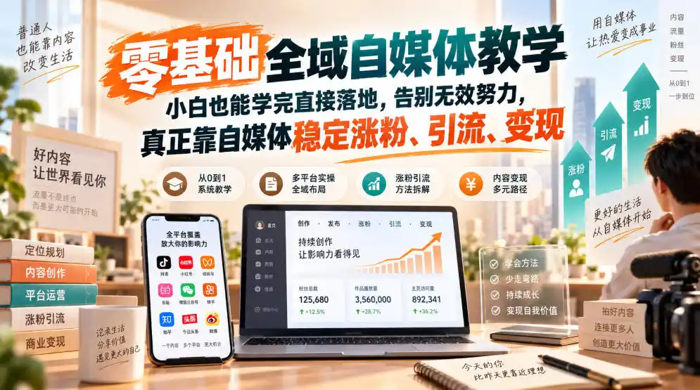 零基础全域自媒体教学，小白也能学完直接落地，告别无效努力，真正靠自媒体稳定涨粉、引流、变现-来缘阁