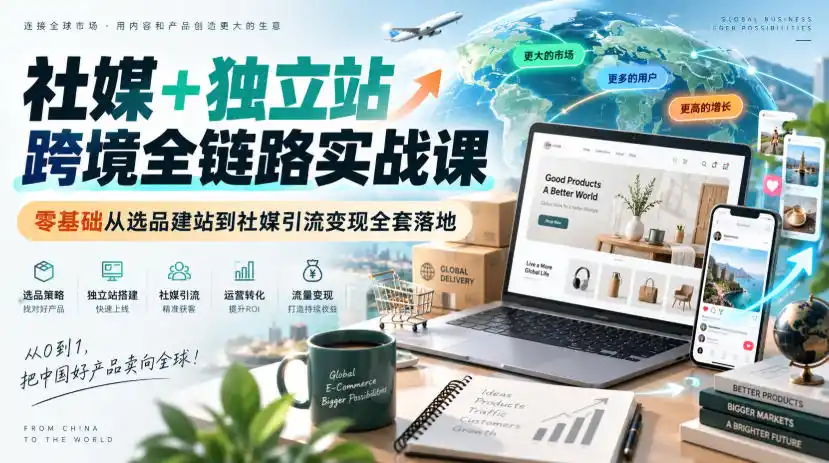 社媒+独立站跨境全链路实战课｜零基础从选品建站到社媒引流变现全套落地-来缘阁