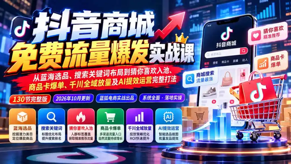 抖音商城免费流量爆发实战:从蓝海选品、搜索关键词布局到猜你喜欢入池、商品卡爆单、千川全域放量及AI提效完整打法-来缘阁