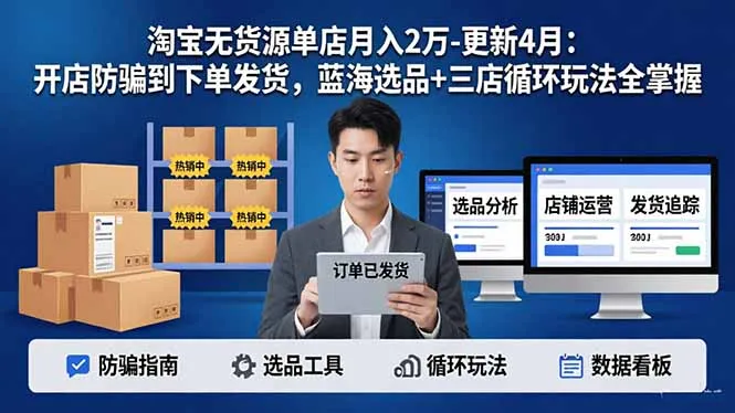 淘宝无货源5.0单店月入2万-更新4月：开店防骗到下单发货，蓝海选品+三店循环玩法全掌握-来缘阁