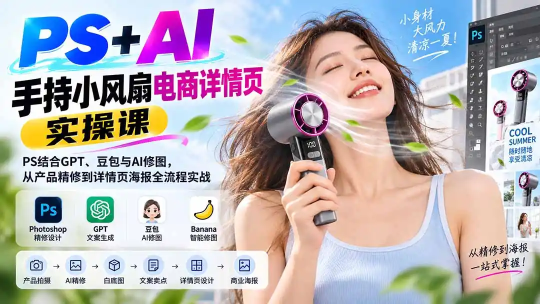 PS+AI手持小风扇电商详情页实操课:PS结合GPT、豆包与AI修图,从产品精修到详情页海报全流程实战-来缘阁