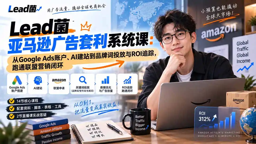 Lead菌亚马逊广告套利系统课:从Google Ads账户、AI建站到品牌词投放与ROI追踪,跑通联盟营销闭环-来缘阁