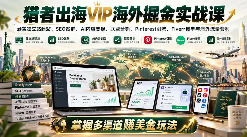 猎者出海VIP海外掘金实战课：涵盖独立站、SEO站群、AI变现、联盟营销、Pinterest引流、Fiverr接单与海外流量套利，掌握多渠道賺美金玩法-来缘阁