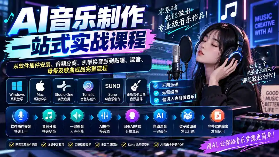 AI音乐制作一站式实战课程：从软件插件安装、音频分离、扒带换音源到贴唱、混音、母带及歌曲成品完整流程-来缘阁