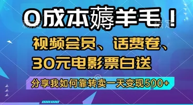 0成本薅羊毛!视频会员、话费卷、30元电影票白送,分享我如何靠转卖一天变现5张+【揭秘】-来缘阁