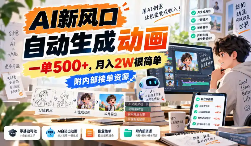 AI新风口，自动生成动画，一单500+，月入2W很简单，附内部接单资源【揭秘】-来缘阁