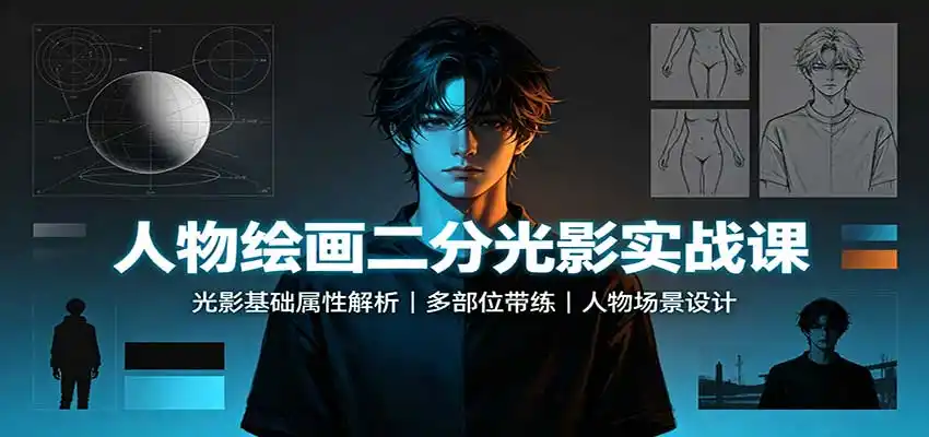 人物绘画二分光影实战课:光影基础属性解析,多部位带练,人物场景设计-来缘阁