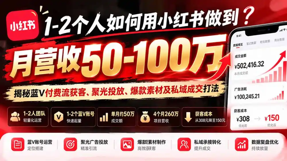 1-2个人如何用小红书做到月营收50-100万？揭秘蓝V付费流获客、聚光投放、爆款素材及私域成交打法-来缘阁
