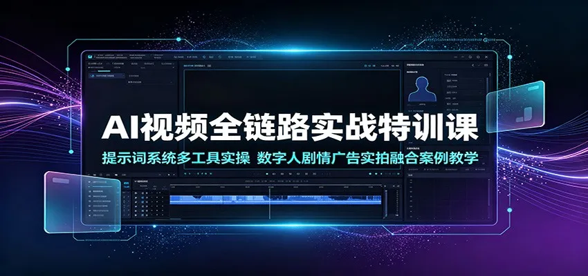 AI视频全链路实战特训课：提示词系统多工具实操，数字人剧情广告实拍融合案例教学-来缘阁