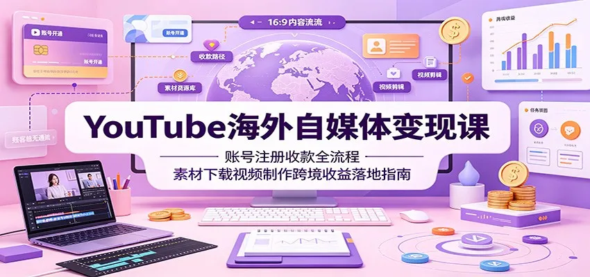 YouTube海外自媒体变现课：账号注册收款全流程，素材下载视频制作跨境收益落地指南-来缘阁