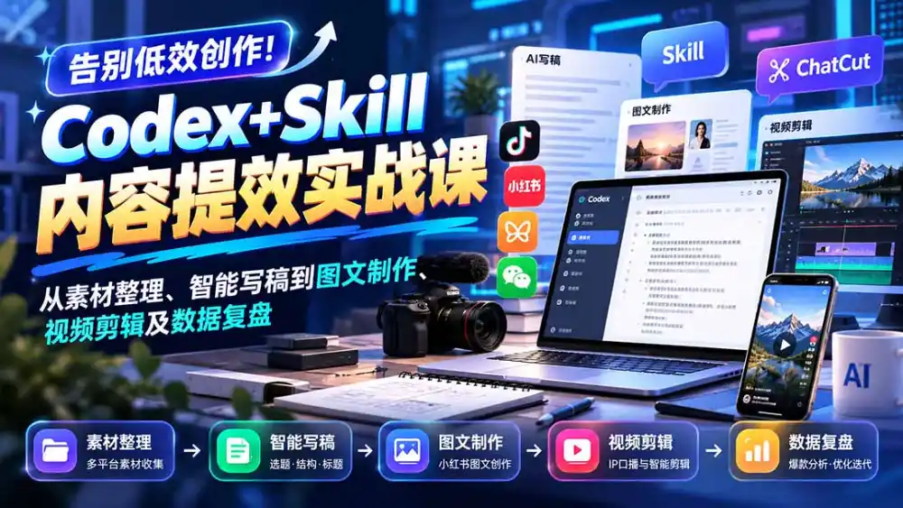 【无水印】告别低效创作!Codex+Skill内容提效实战课:从素材整理、智能写稿到图文制作、视频剪辑及数据复盘-来缘阁
