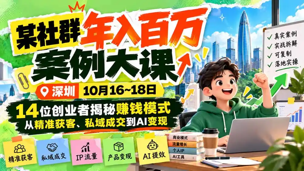 某社群年入百万案例大课-深圳10月16~18日:14位创业者揭秘赚钱模式,从精准获客、私域成交到AI变现-来缘阁