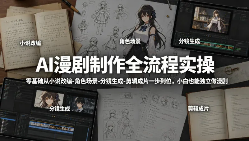 AI漫剧制作全流程实操，零基础从小说改编-角色场景-分镜生成-剪辑成片一步到位，小白也能独立做漫剧-来缘阁