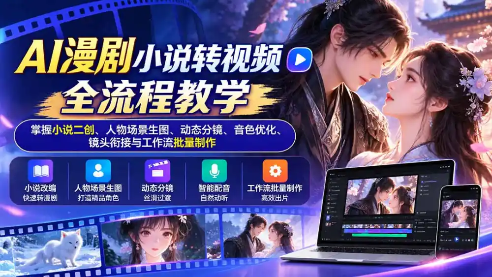 AI漫剧小说转视频全流程教学：掌握小说二创、人物场景生图、动态分镜、音色优化、镜头衔接与工作流批量制作-来缘阁