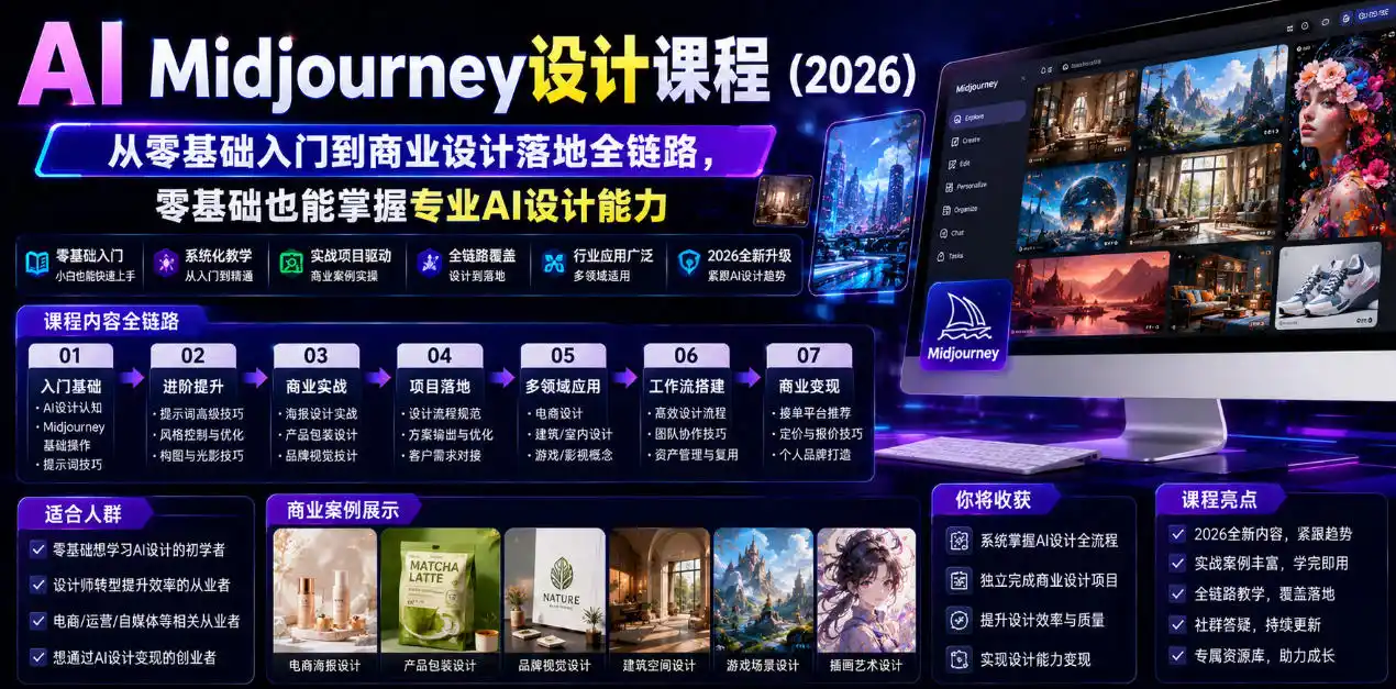 AI Midjourney设计课程(2026)，从零基础入门到商业设计落地全链路，零基础也能掌握专业AI设计能力(更新0913)-来缘阁
