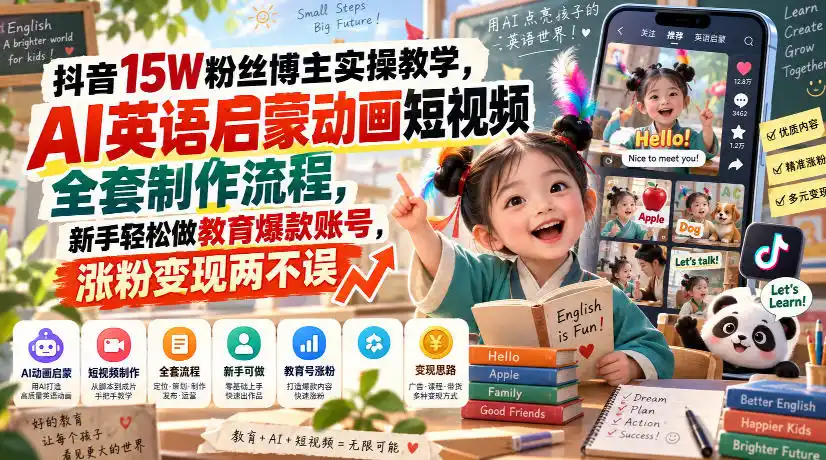 抖音15W粉丝博主实操教学，AI英语启蒙动画短视频全套制作流程，新手轻松做教育爆款账号，涨粉变现两不误-来缘阁
