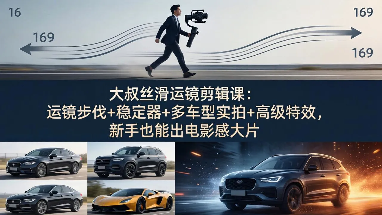 大叔丝滑运镜剪辑课：运镜步伐+稳定器+多车型实拍+高级特效，新手也能出电影感大片-来缘阁