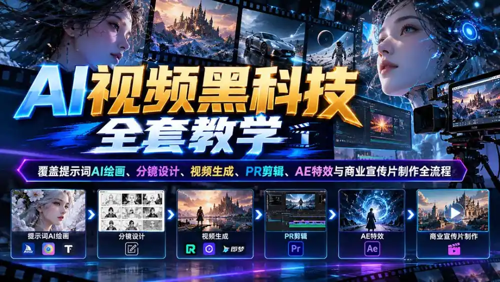 AI视频黑科技全套教学：覆盖提示词AI绘画、分镜设计、视频生成、PR剪辑、AE特效与商业宣传片制作全流程-来缘阁