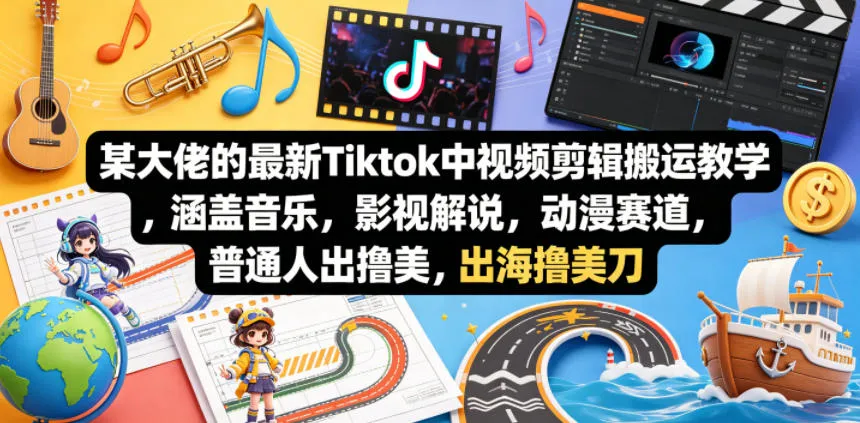某大佬的最新Tiktok中视频剪辑搬运教学，涵盖音乐，影视解说，动漫赛道，普通人出海撸美刀-来缘阁