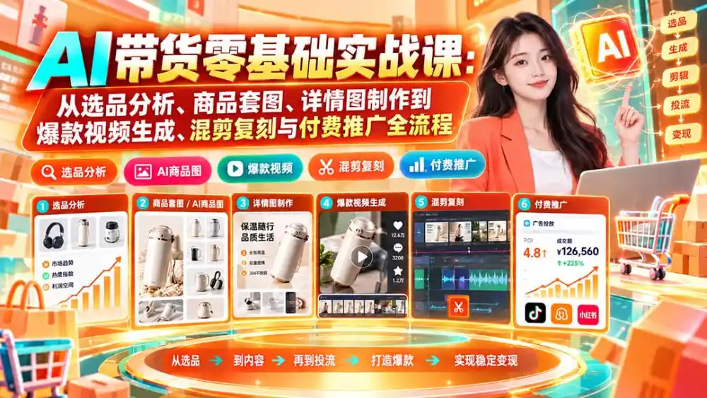AI带货零基础实战课:从选品分析、商品套图、详情图制作到爆款视频生成、混剪复刻与付费推广全流程-来缘阁