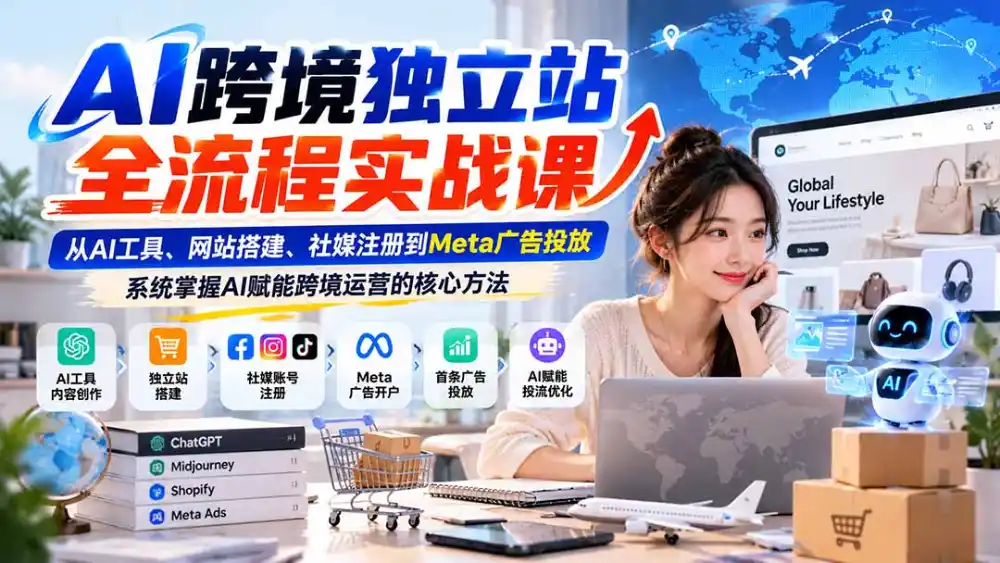 AI跨境独立站全流程实战课:从AI工具、网站搭建、社媒注册到Meta广告投放,系统掌握AI赋能跨境运营的核心方法-来缘阁