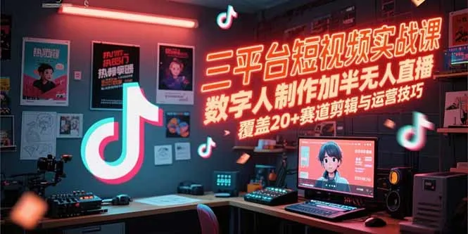 三平台短视频实战课，数字人制作加半无人直播，覆盖20+赛道剪辑与运营技巧-来缘阁