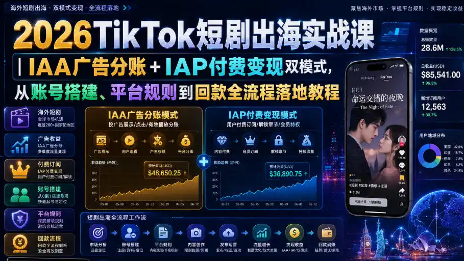 2026TikTok短剧出海实战课｜IAA广告分账+IAP付费变现双模式，从账号搭建、平台规则到回款全流程落地教程-来缘阁