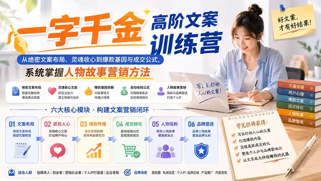 一字千金高阶文案训练营:从绝密文案布局、灵魂收心到爆款基因与成交公式,系统掌握人物故事营销方法-来缘阁