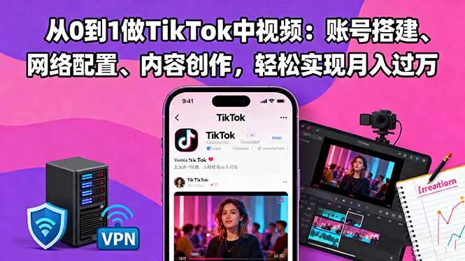 从0到1做TikTok中视频:账号搭建、网络配置、内容创作,轻松实现月入过万-来缘阁
