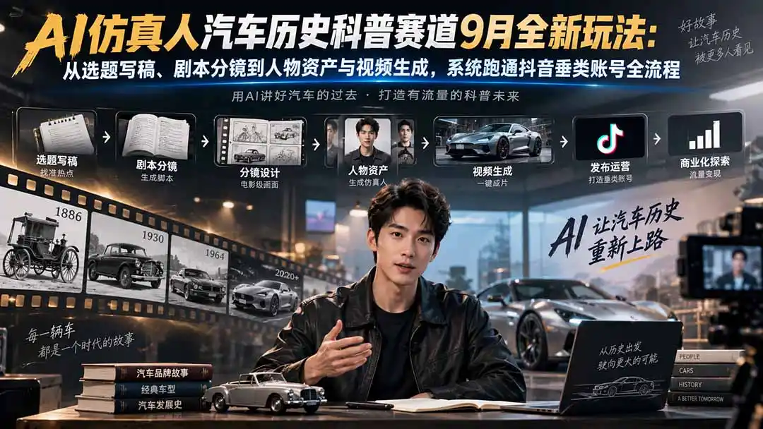 AI仿真人汽车历史科普赛道9月全新玩法:从选题写稿、剧本分镜到人物资产与视频生成,系统跑通抖音垂类账号全流程-来缘阁