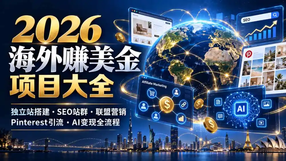 2026海外赚美金项目大全：独立站搭建、SEO站群、联盟营销、Pinterest引流与AI变现全流程-来缘阁