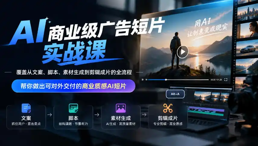 AI商业级广告短片实战课,覆盖从文案、脚本、素材生成到剪辑成片的全流程,帮你做出可对外交付的商业质感AI短片-来缘阁