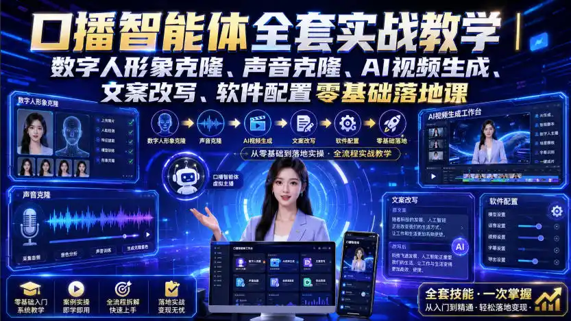 口播智能体全套实战教学|数字人形象克隆、声音克隆、AI视频生成、文案改写、软件配置零基础落地课-来缘阁