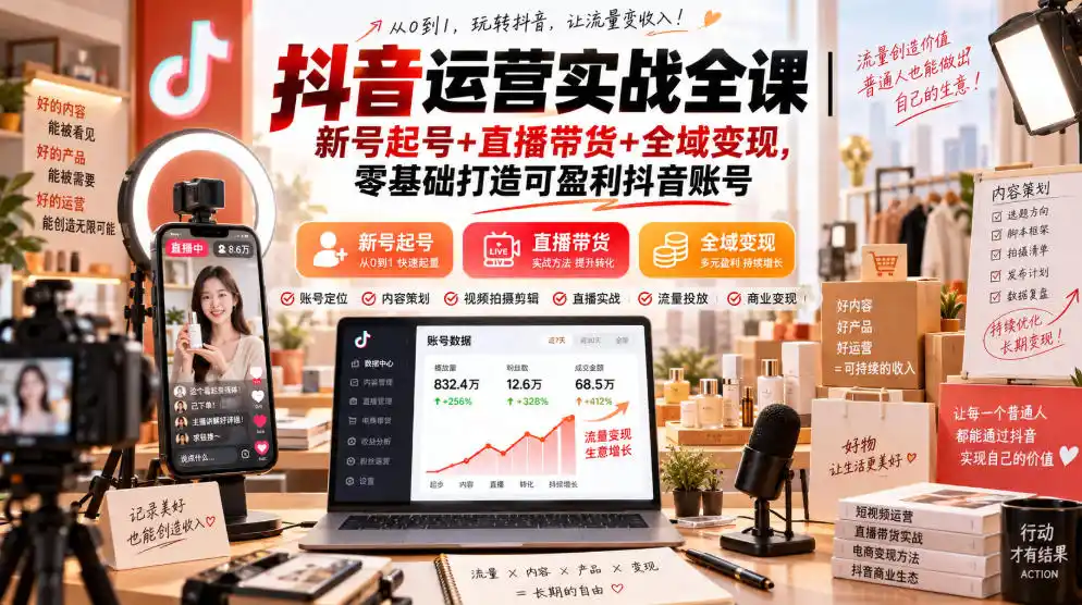抖音运营实战全课｜新号起号+直播带货+全域变现，零基础打造可盈利抖音账号-来缘阁