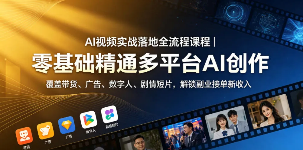 AI视频实战落地全流程课程|零基础精通多平台AI创作,覆盖带货、广告、数字人、剧情短片,解锁副业接单新收入-来缘阁
