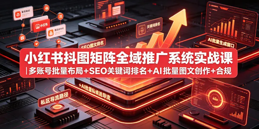 小红书抖图矩阵全域推广系统实战课｜多账号批量布局+SEO关键词排名+AI批量图文创作+合规私域导流完整落地教程-来缘阁