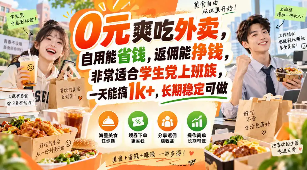 0元爽吃外卖,自用能省钱,返佣能挣钱,非常适合学生党上班族,一天能搞1k+,长期稳定可做-来缘阁