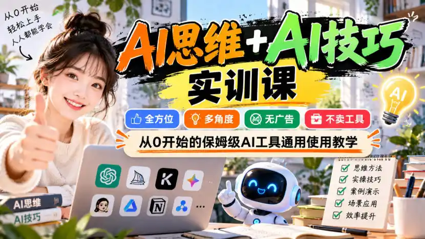 【无水印】AI思维+AI技巧实训课，全方位、多角度、无广告、不卖工具，从0开始的保姆级AI工具通用使用教学-来缘阁