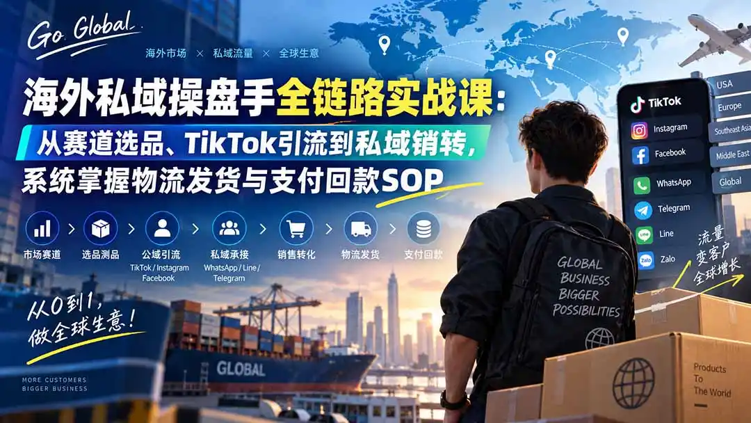 海外私域操盘手全链路实战课:从赛道选品、TikTok引流到私域销转,系统掌握物流发货与支付回款SOP-来缘阁