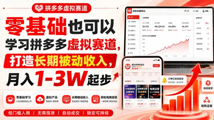零基础也可以学习拼多多虚拟赛道，打造长期被动收入，月入1-3W起步-来缘阁