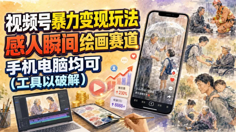 视频号暴力变现玩法，感人瞬间绘画赛道，手机电脑均可-来缘阁