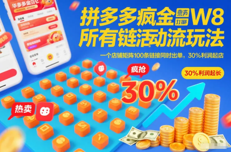 拼多多疯狂活动流玩法，所有链接全部打标，一个店铺矩阵100条链接同时出单，30%利润起店-来缘阁