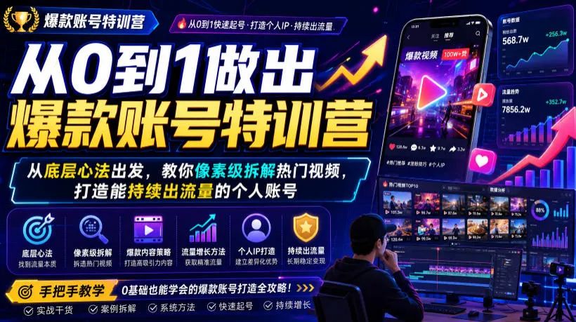 从0到1做出爆款账号特训营，从底层心法出发，教你像素级拆解热门视频，打造能持续出流量的个人账号-来缘阁