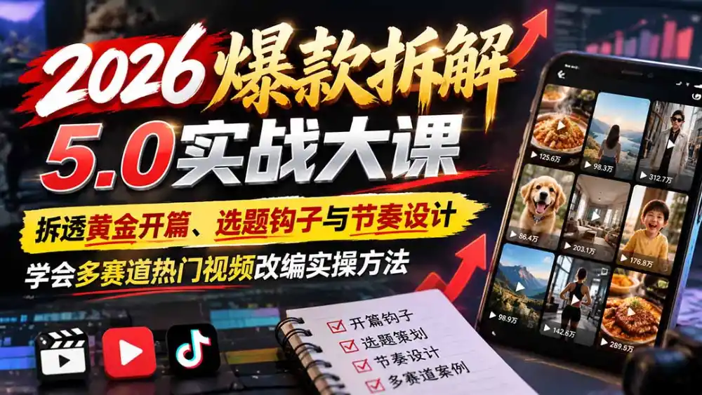 2026爆款拆解5.0实战大课:拆透黄金开篇、选题钩子与节奏设计,学会多赛道热门视频改编实操方法-来缘阁